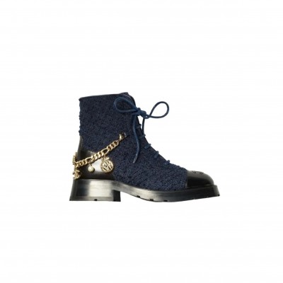 CHANEL LACE-UPS WOOL TWEED, CALFSKIN & METAL NAVY BLUE & BLACK G39393 Y56125 K4839